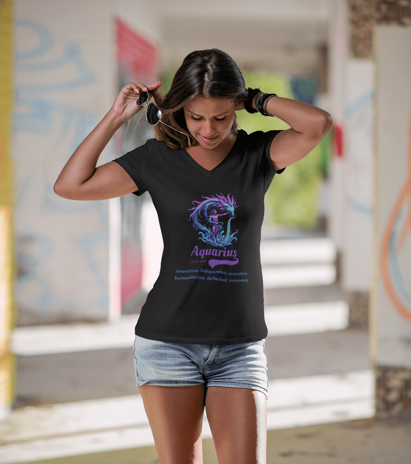 Printify V-neck Aquarius Ladies' V-Neck T-Shirt Aquarius Ladies' V-Neck T-Shirt