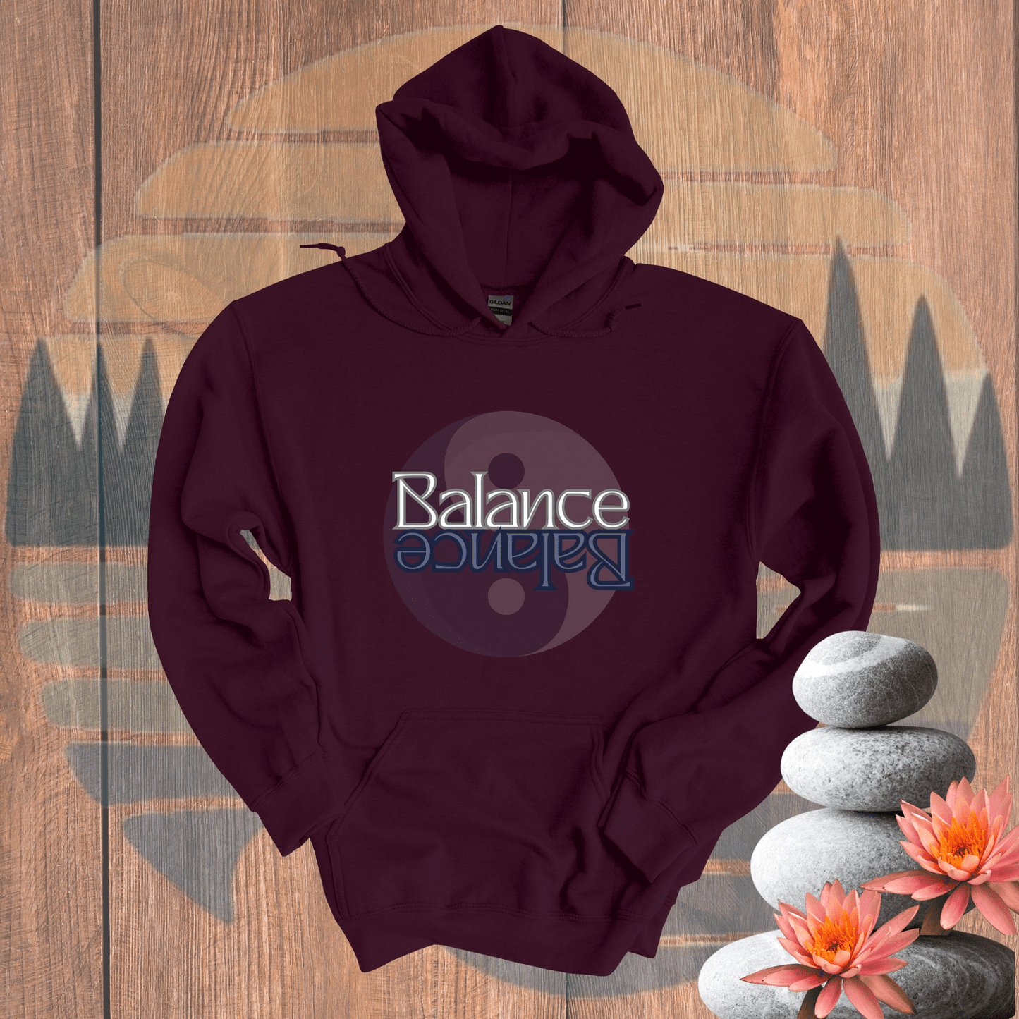 Printify Hoodie Maroon / S Balance Yin Yang Hooded Sweatshirt Balance Yin Yang Hooded Sweatshirt 11032296879394297578