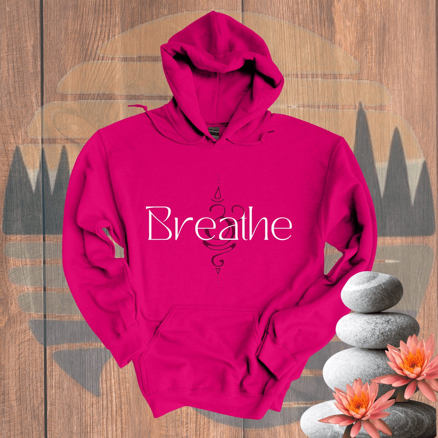 Printify Hoodie Heliconia / S Breathe with Background Symbol Hooded Sweatshirt Breathe with Background Symbol Hooded Sweatshirt 13644817737501402177