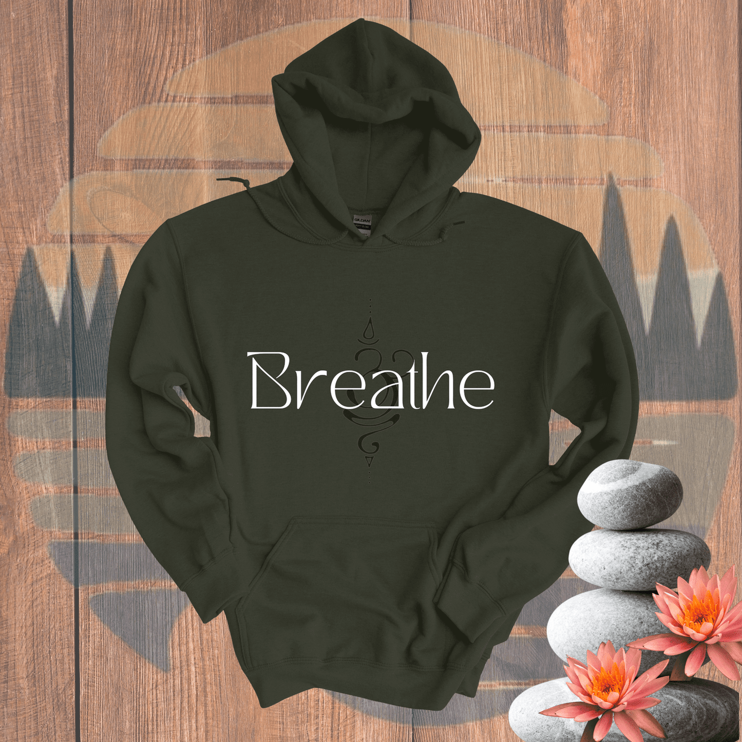 Printify Hoodie Military Green / S Breathe with Background Symbol Hooded Sweatshirt Breathe with Background Symbol Hooded Sweatshirt 16033596014216428062