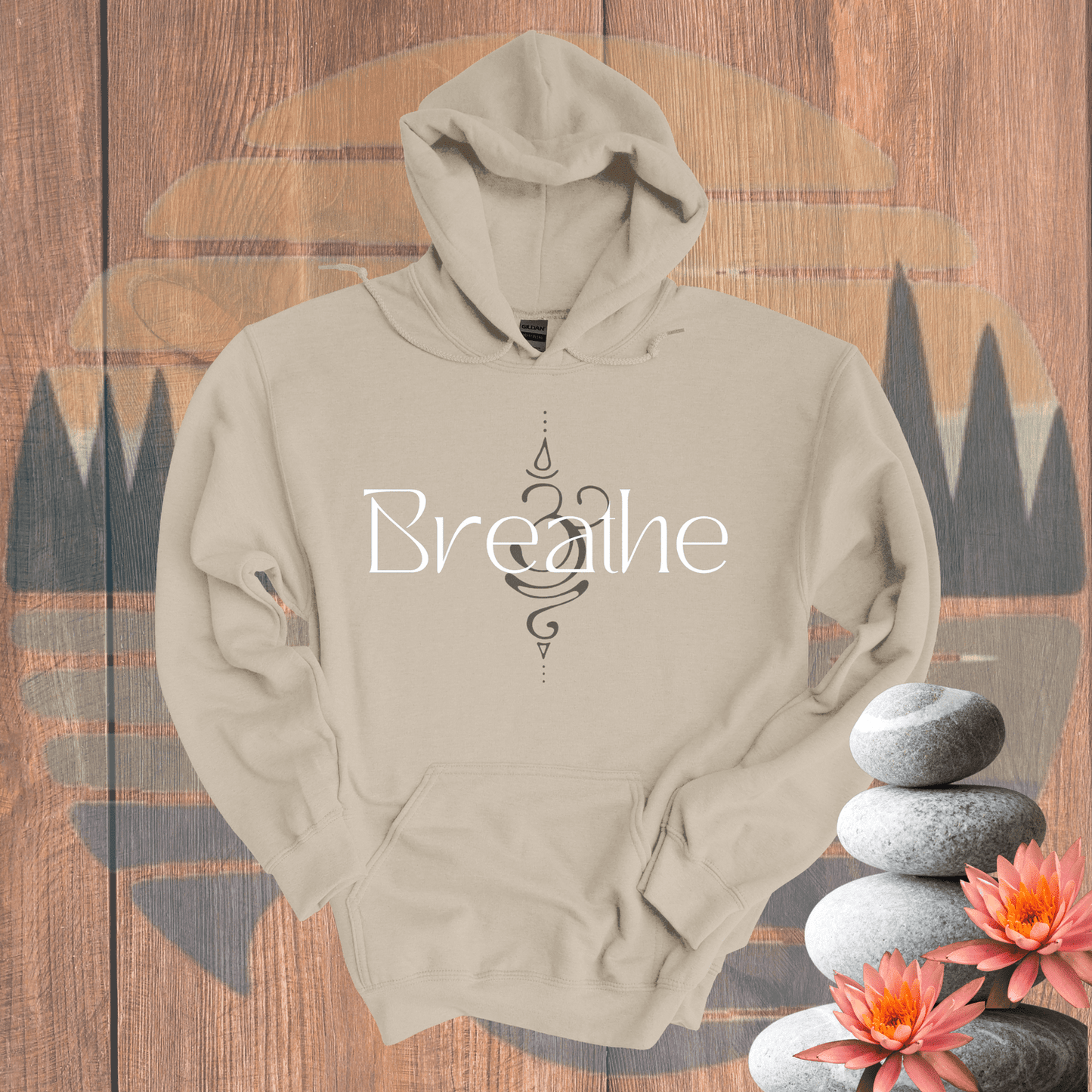 Printify Hoodie Sand / S Breathe with Background Symbol Hooded Sweatshirt Breathe with Background Symbol Hooded Sweatshirt 18254092194943043947