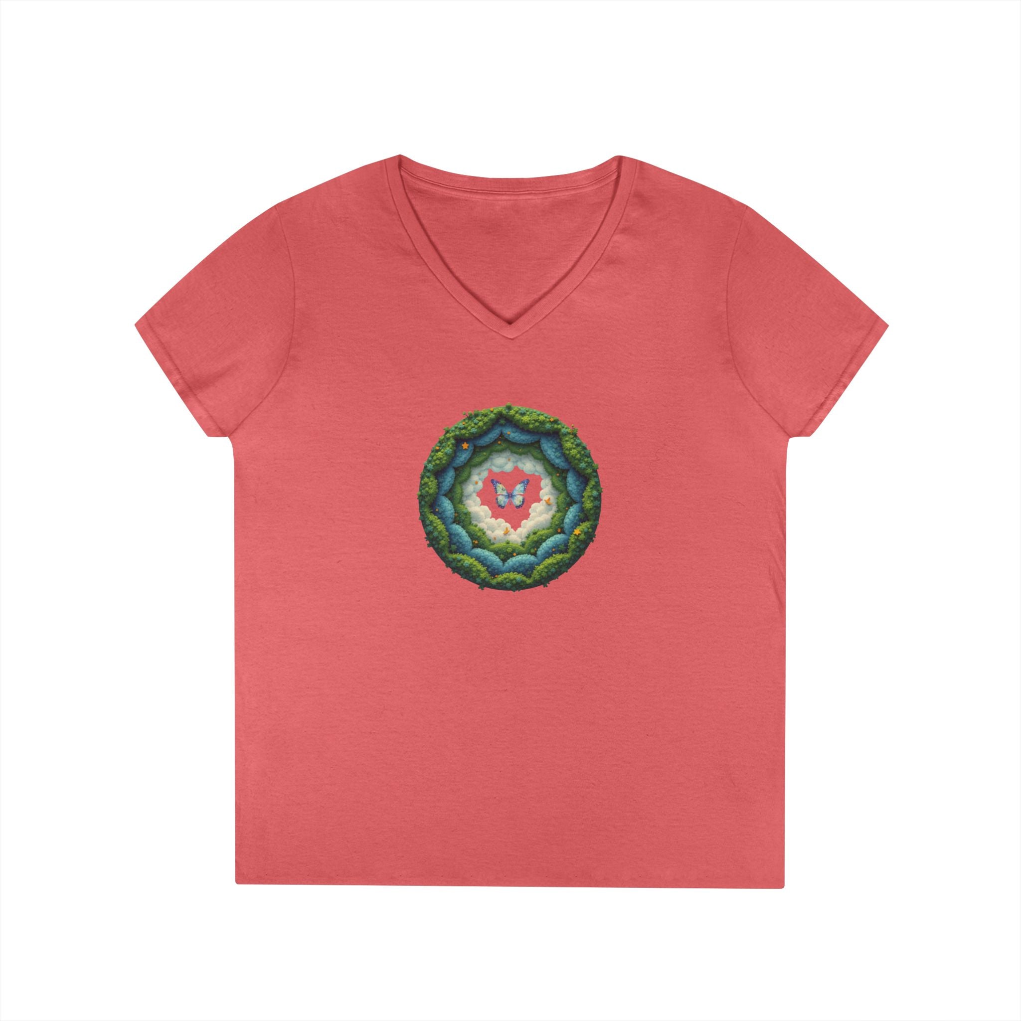 Printify V-neck S / Coral Silk Butterfly Clouds V-Neck T-Shirt Butterfly Clouds V-Neck T-Shirt 33728193222552108565