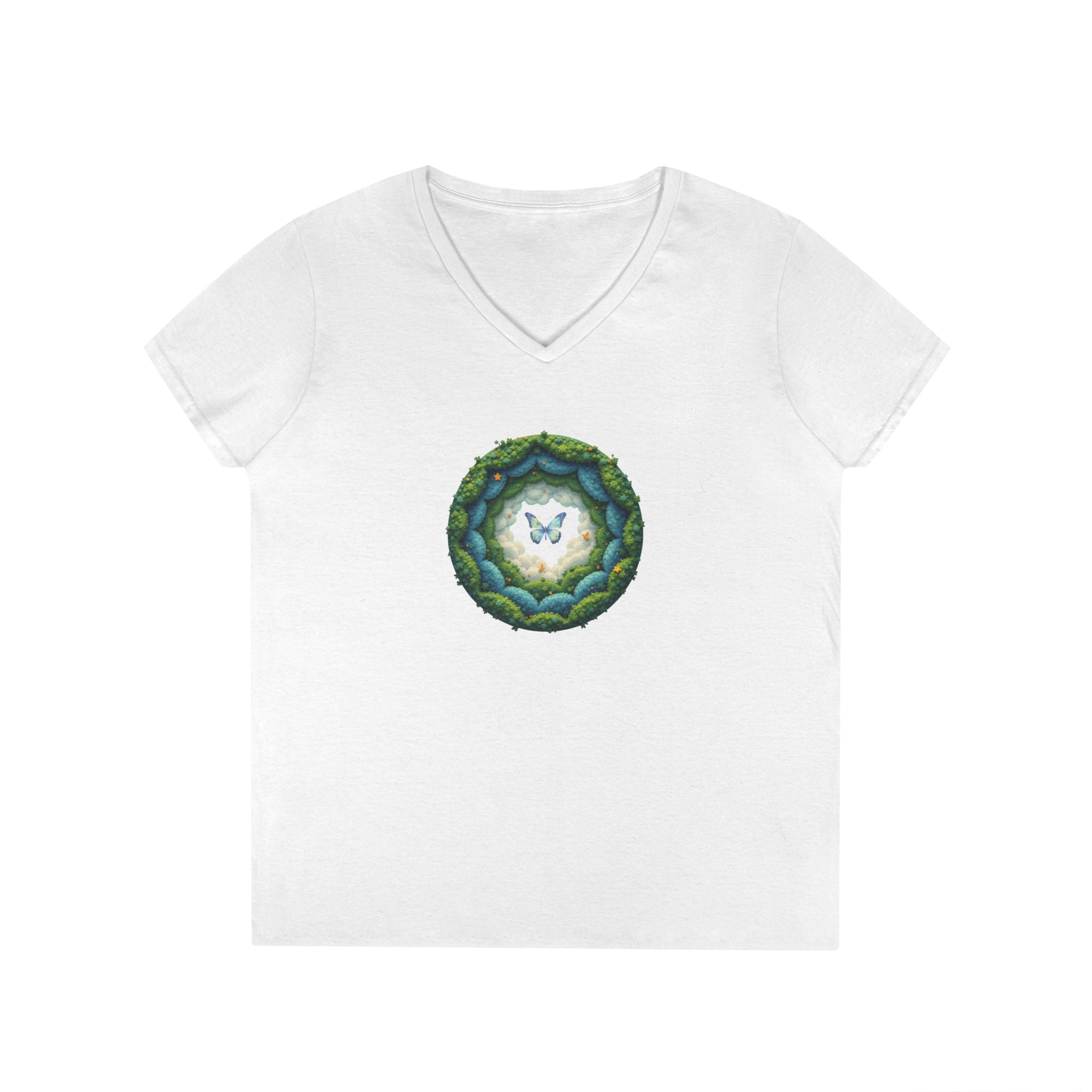Printify V-neck S / White Butterfly Clouds V-Neck T-Shirt Butterfly Clouds V-Neck T-Shirt 31854828421864565367