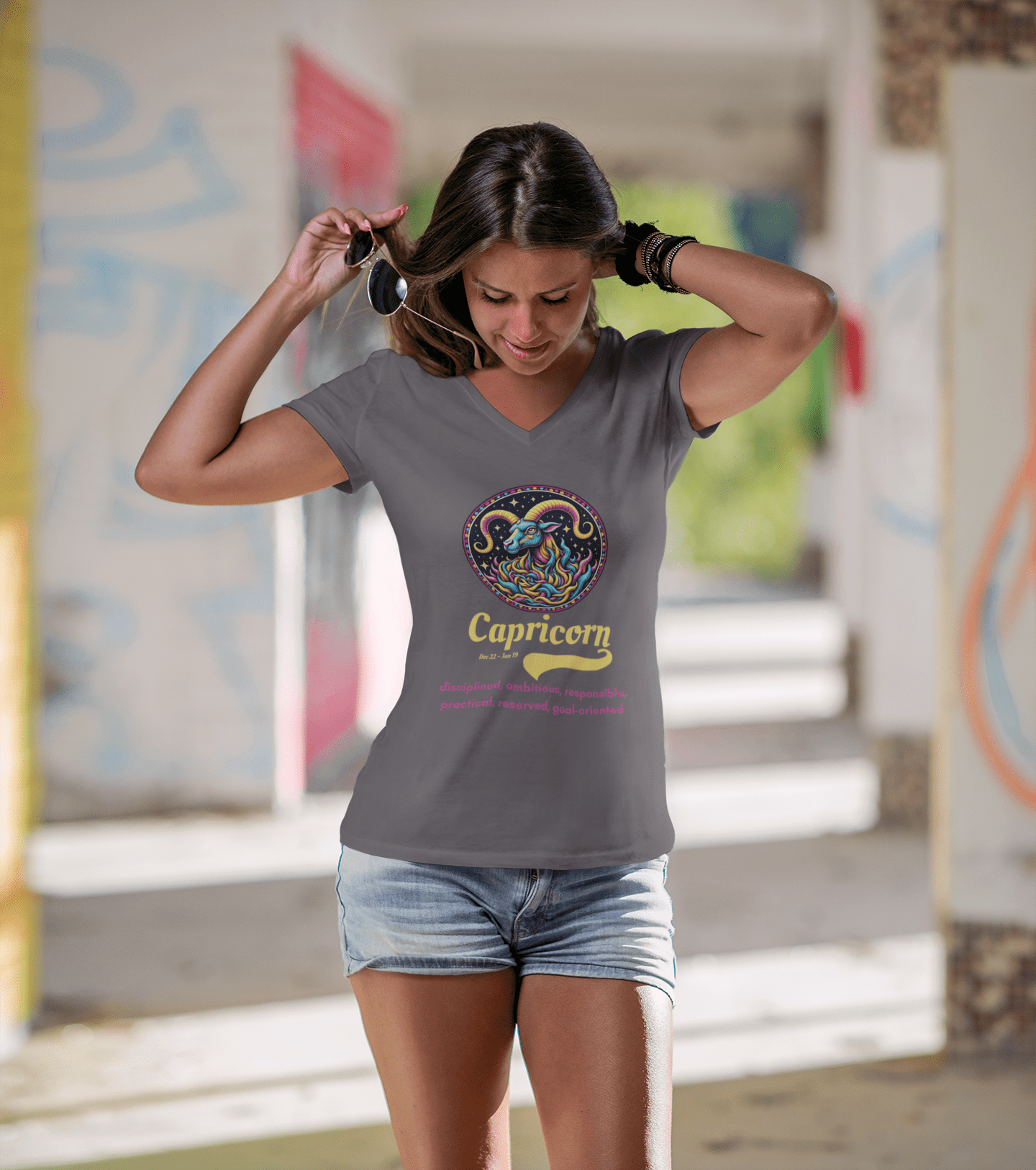 Printify V-neck Capricorn Ladies' V-Neck T-Shirt Capricorn Ladies' V-Neck T-Shirt
