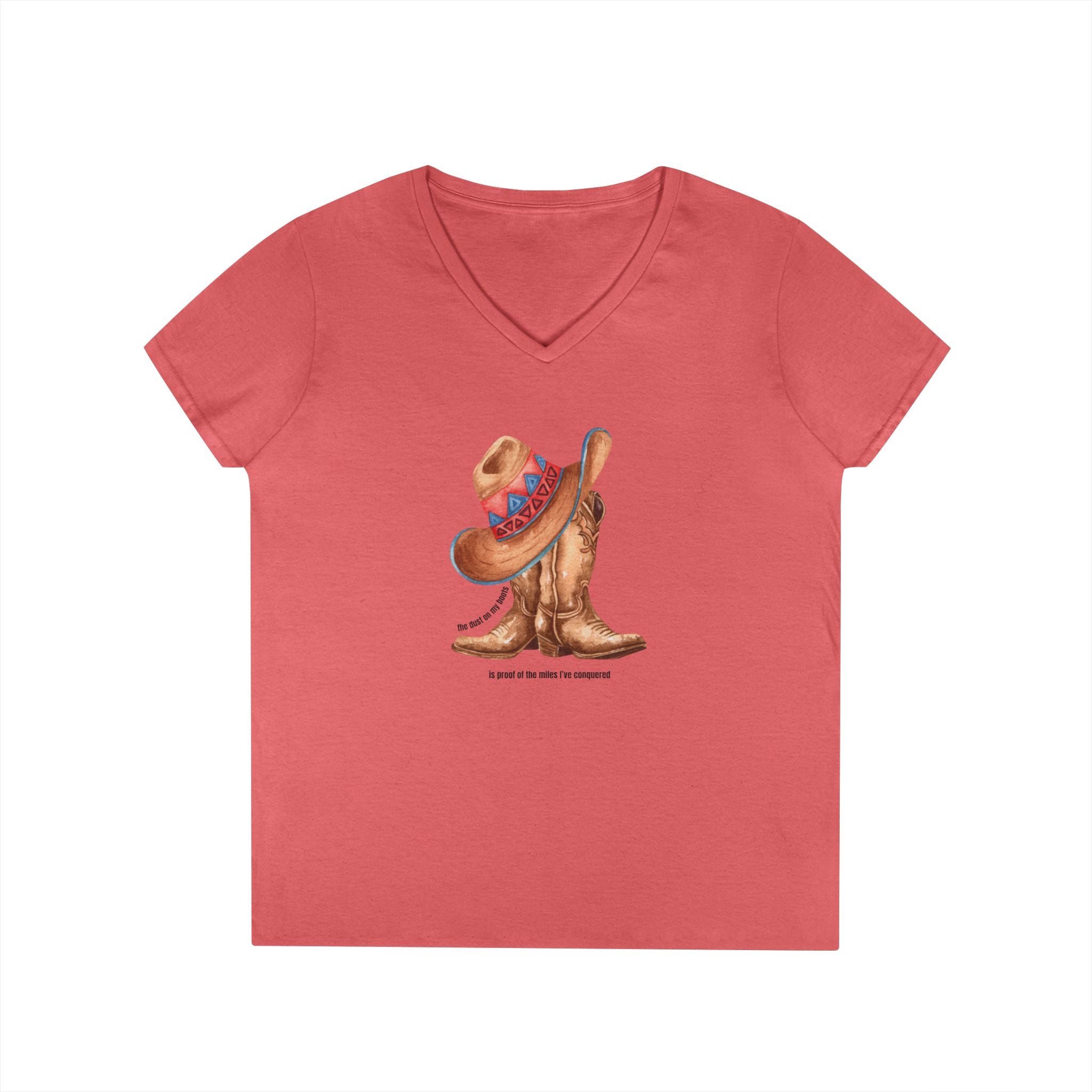 Printify V-neck S / Coral Silk Cowgirl Boots V-Neck T-Shirt Cowgirl Boots V-Neck T-Shirt 26458101044508606102