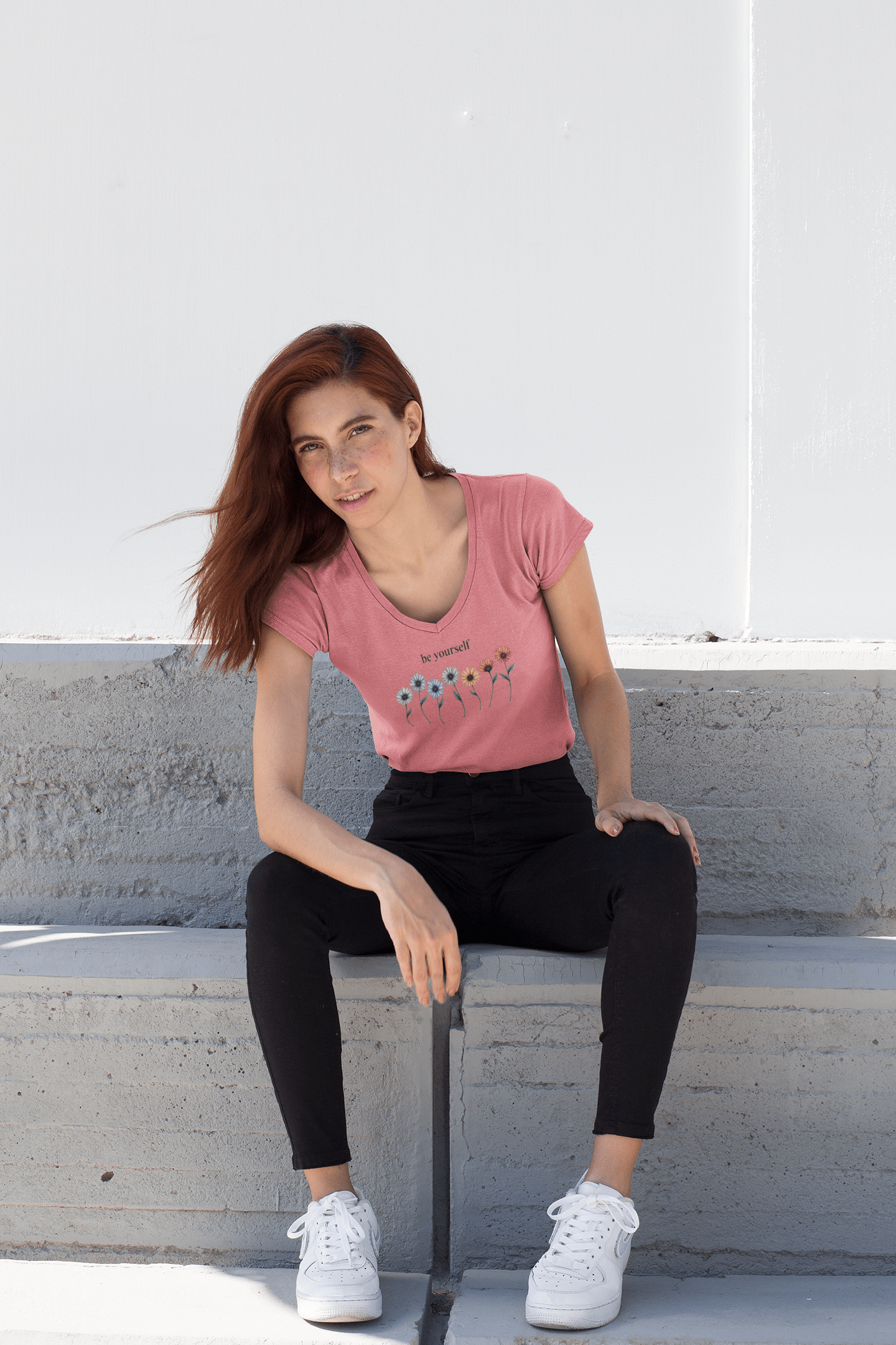 Printify V-neck Floral 'Be Yourself' V-Neck Floral 'Be Yourself' V-Neck