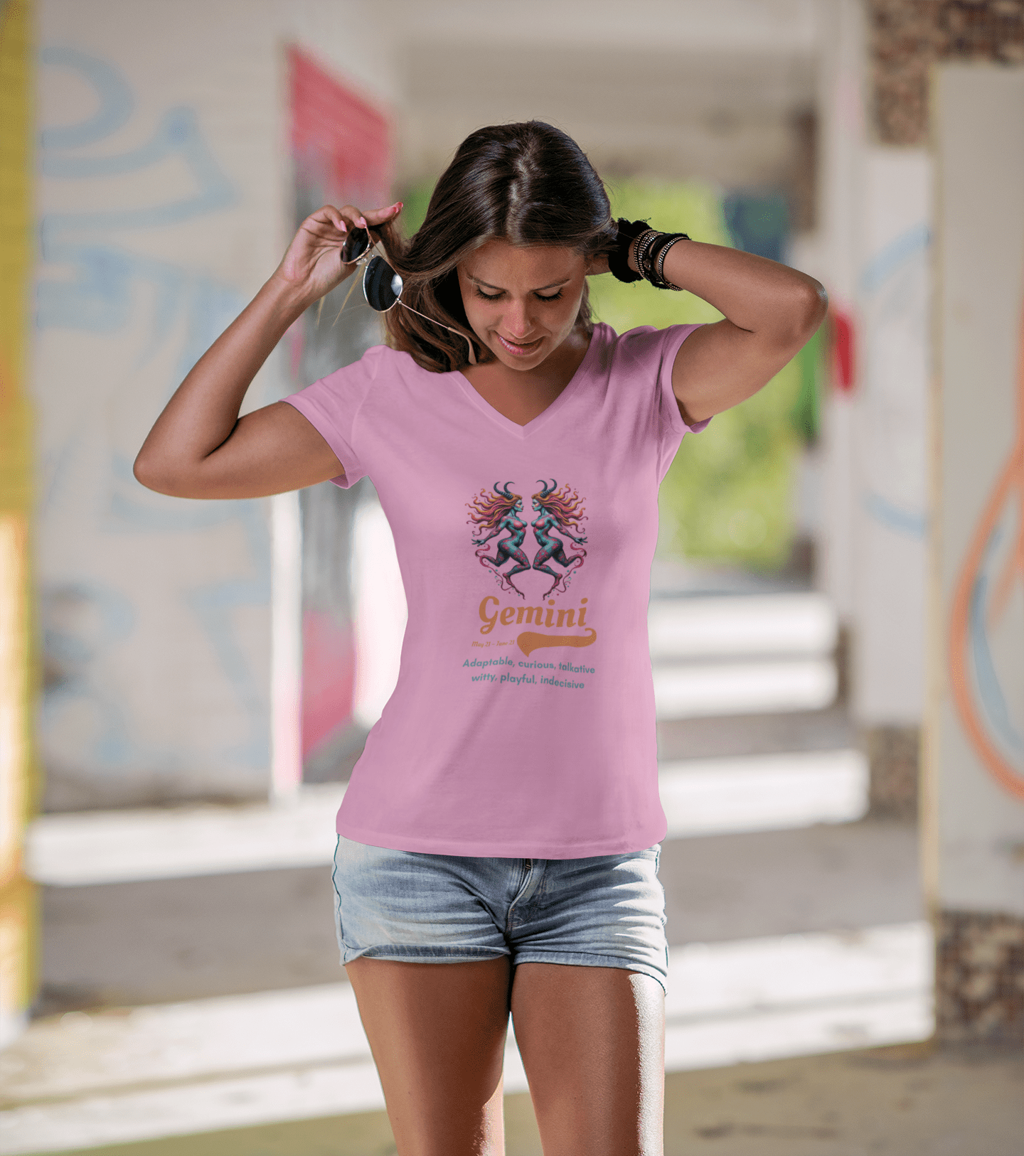 Printify V-neck Gemini Ladies' V-Neck T-Shirt Gemini Ladies' V-Neck T-Shirt