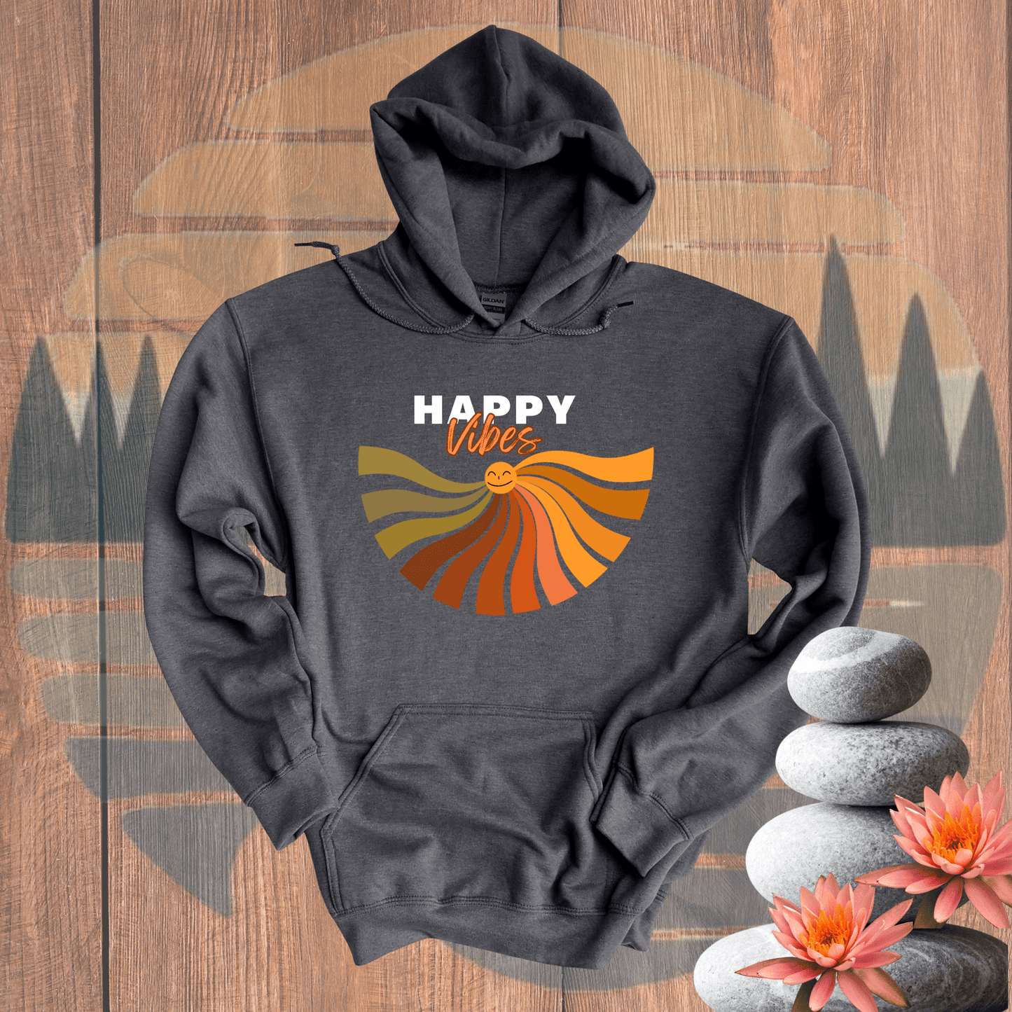 Printify Hoodie Dark Heather / S Happy Vibes Hooded Sweatshirt Happy Vibes Hooded Sweatshirt 38659701557757772367