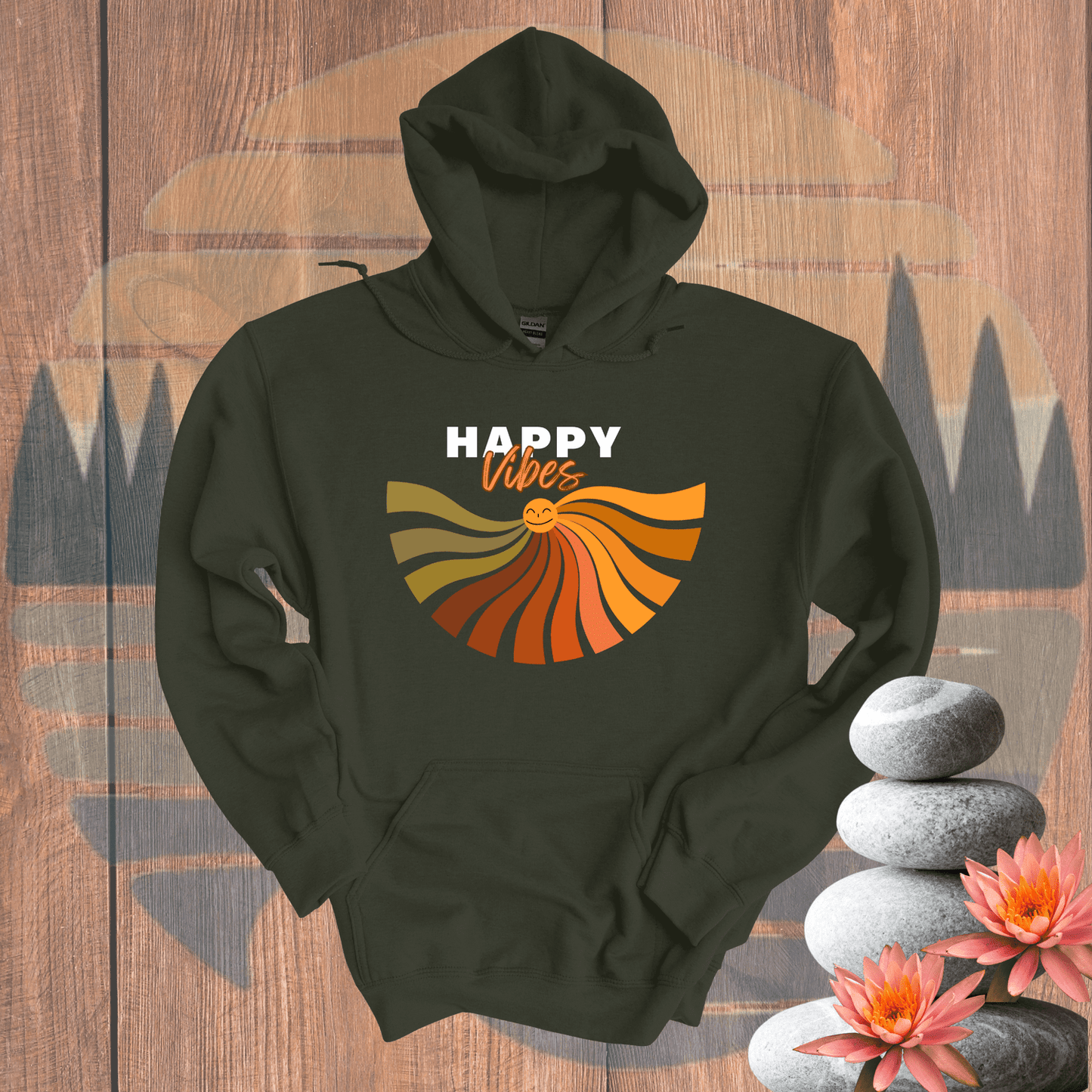 Printify Hoodie Military Green / S Happy Vibes Hooded Sweatshirt Happy Vibes Hooded Sweatshirt 26649763108033502400