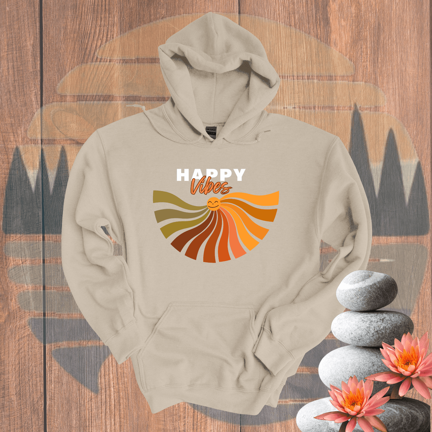 Printify Hoodie Sand / S Happy Vibes Hooded Sweatshirt Happy Vibes Hooded Sweatshirt 17904331330844148394