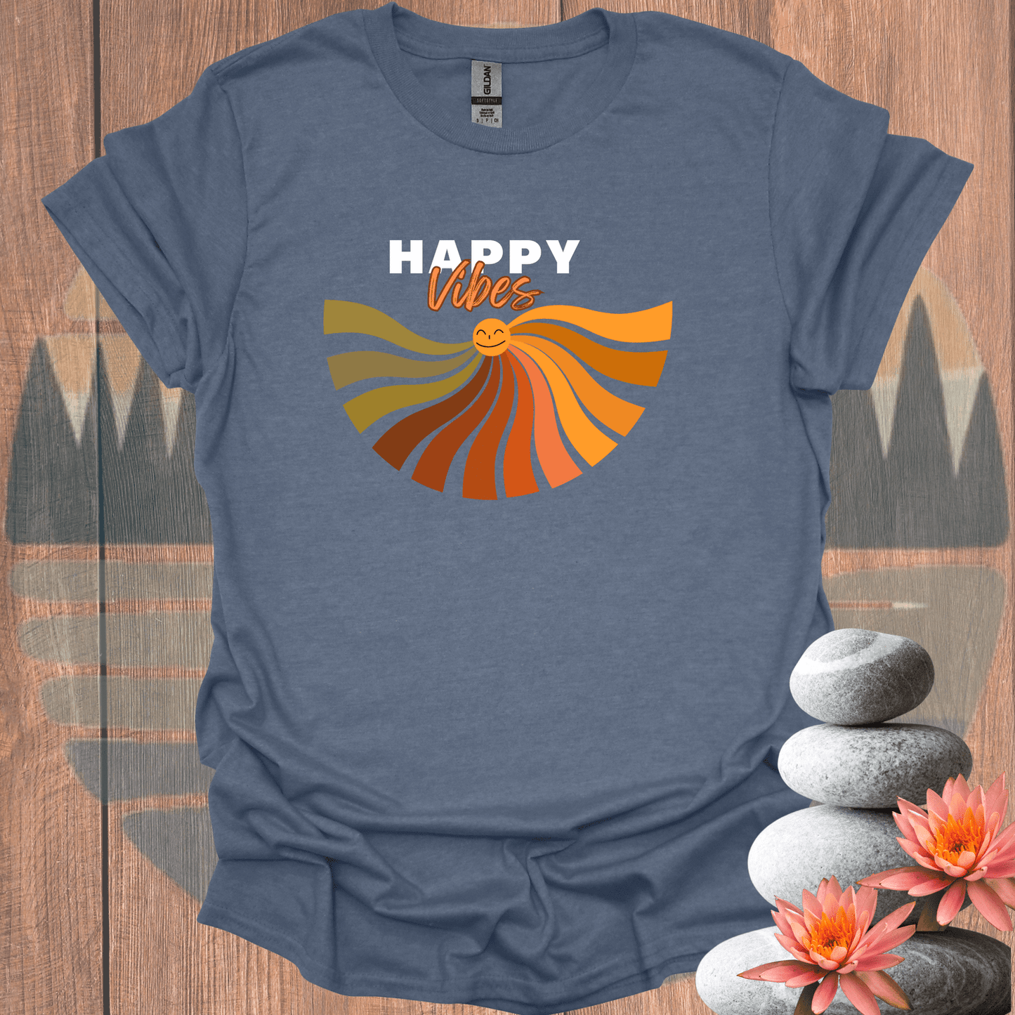 Printify T-Shirt Heather Indigo / S Happy Vibes T-Shirt Happy Vibes T-Shirt 30886634430174803206