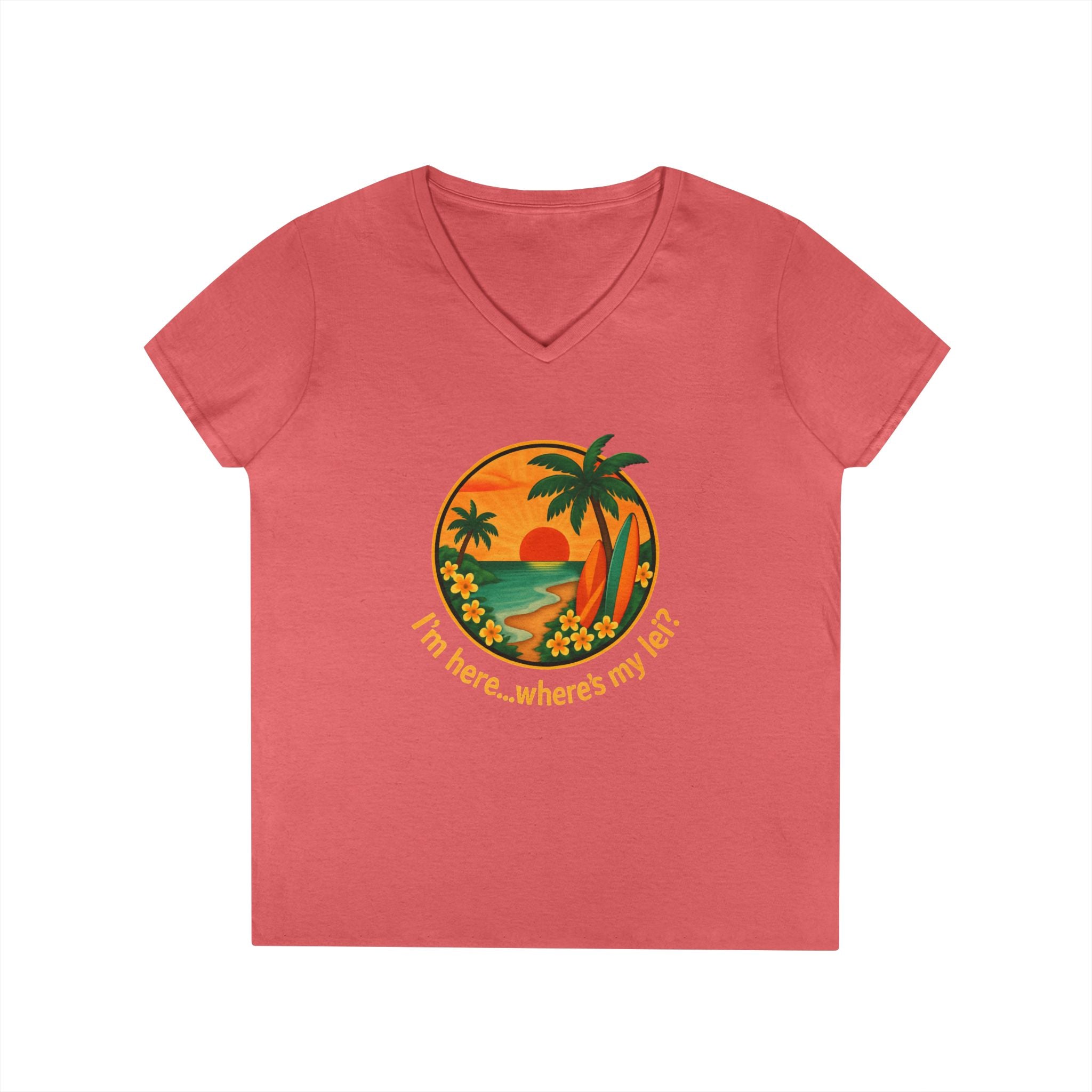 Printify V-neck S / Coral Silk Hawaiian Lei V-Neck T-Shirt Hawaiian Lei V-Neck T-Shirt 14816962301588714670