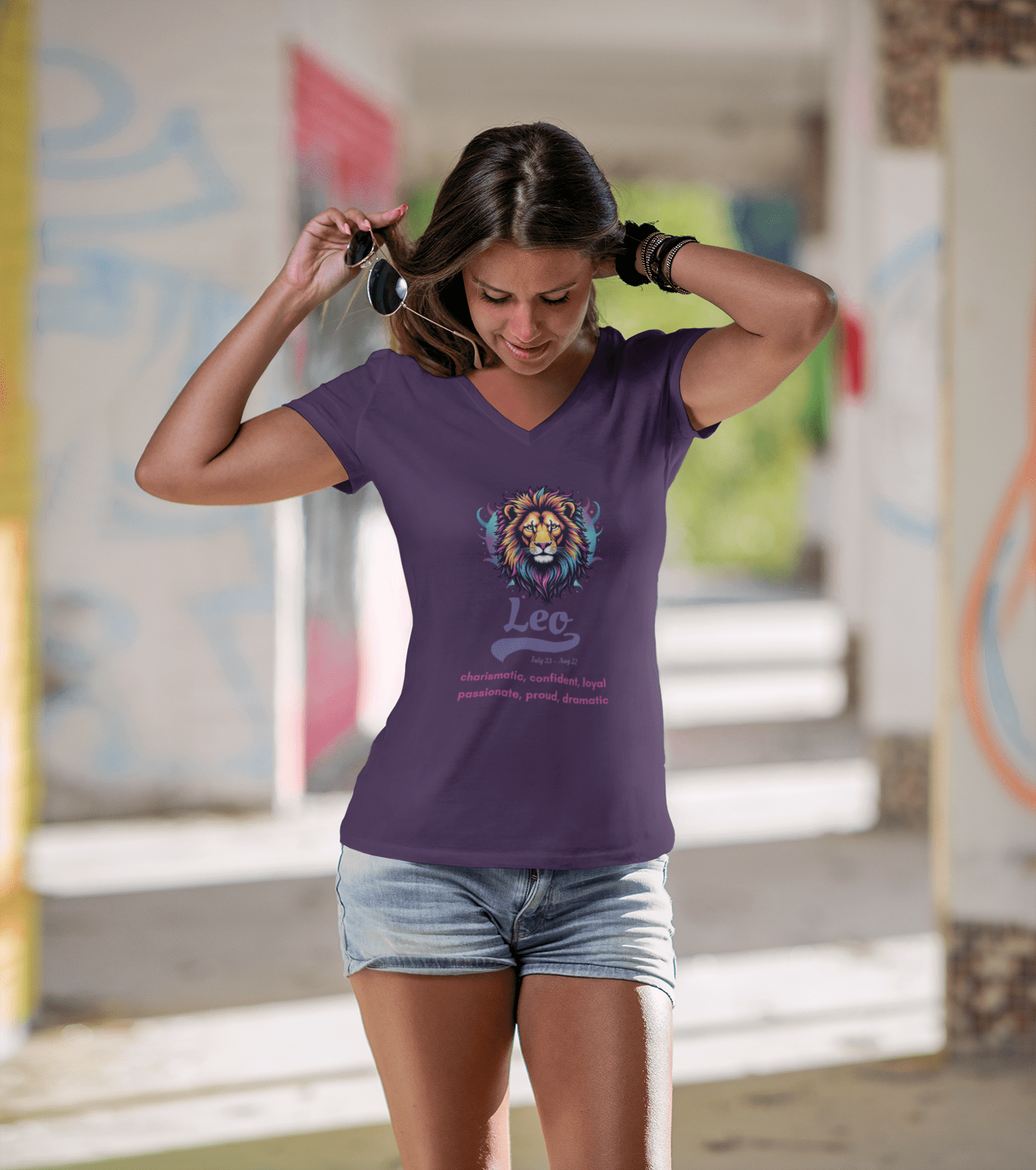 Printify V-neck Leo Ladies' V-Neck T-Shirt Leo Ladies' V-Neck T-Shirt