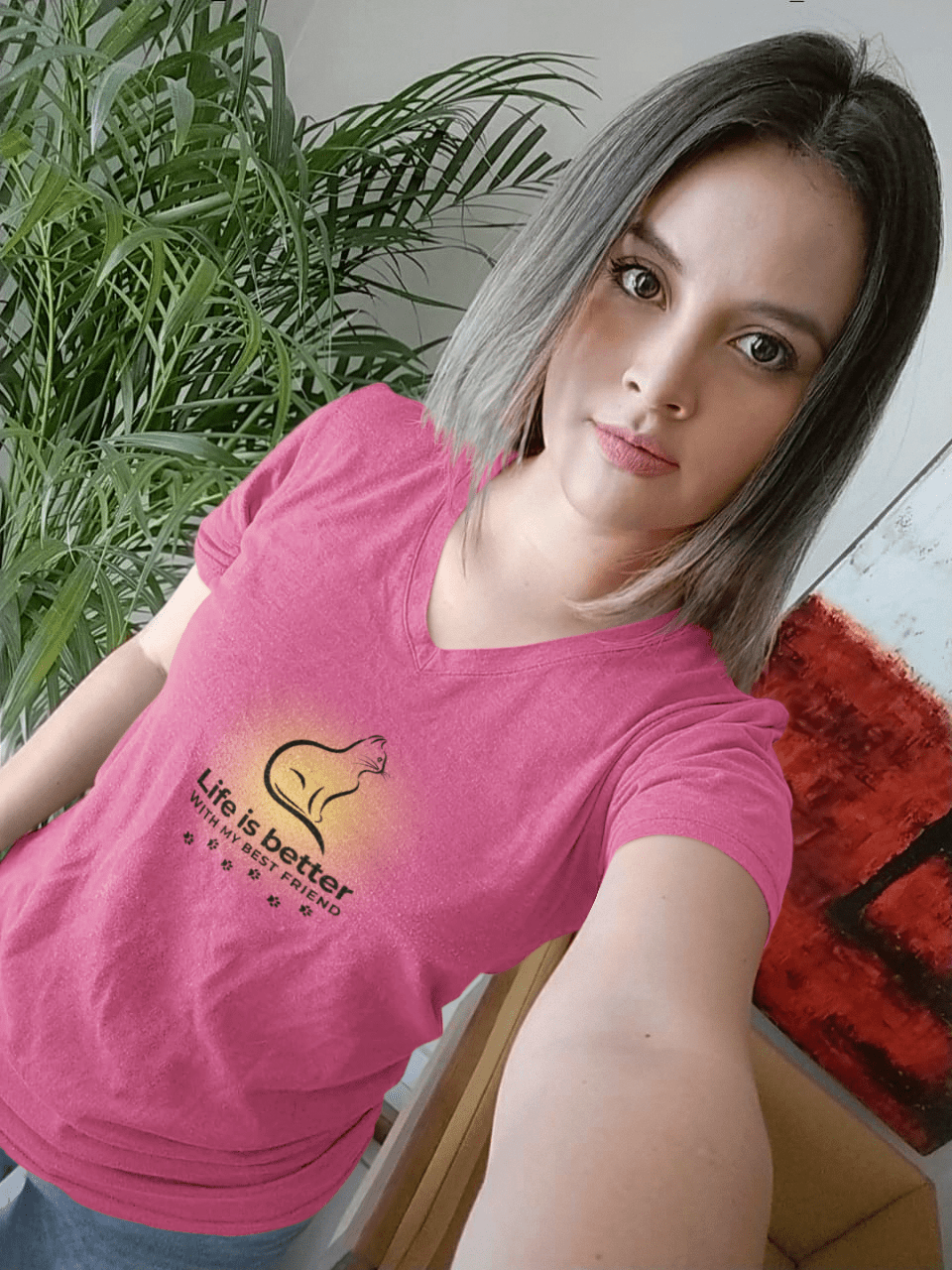 Printify V-neck Life is Better Cat V-Neck Life is Better Cat V-Neck