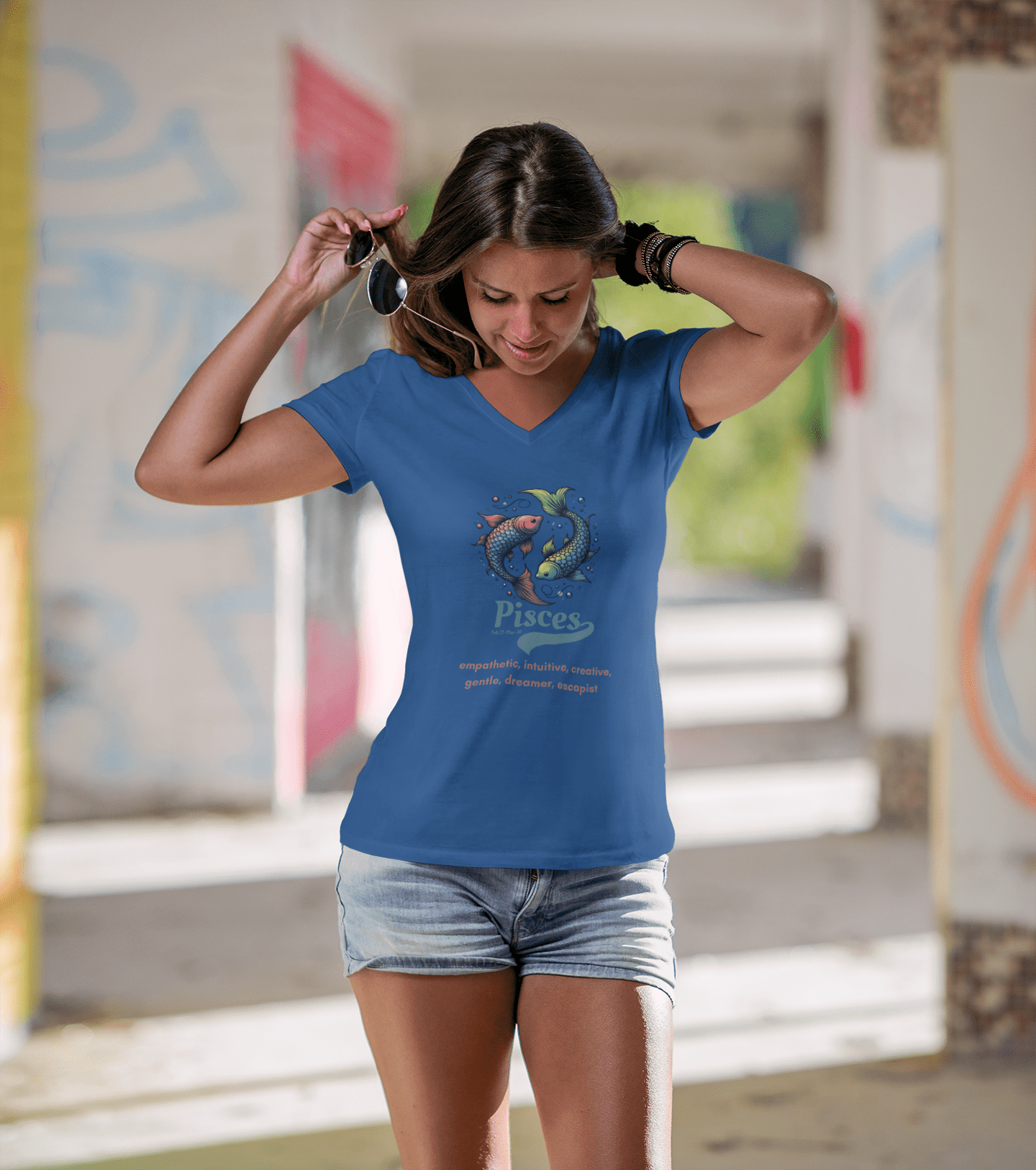Printify V-neck Pisces Ladies' V-Neck T-Shirt Pisces Ladies' V-Neck T-Shirt