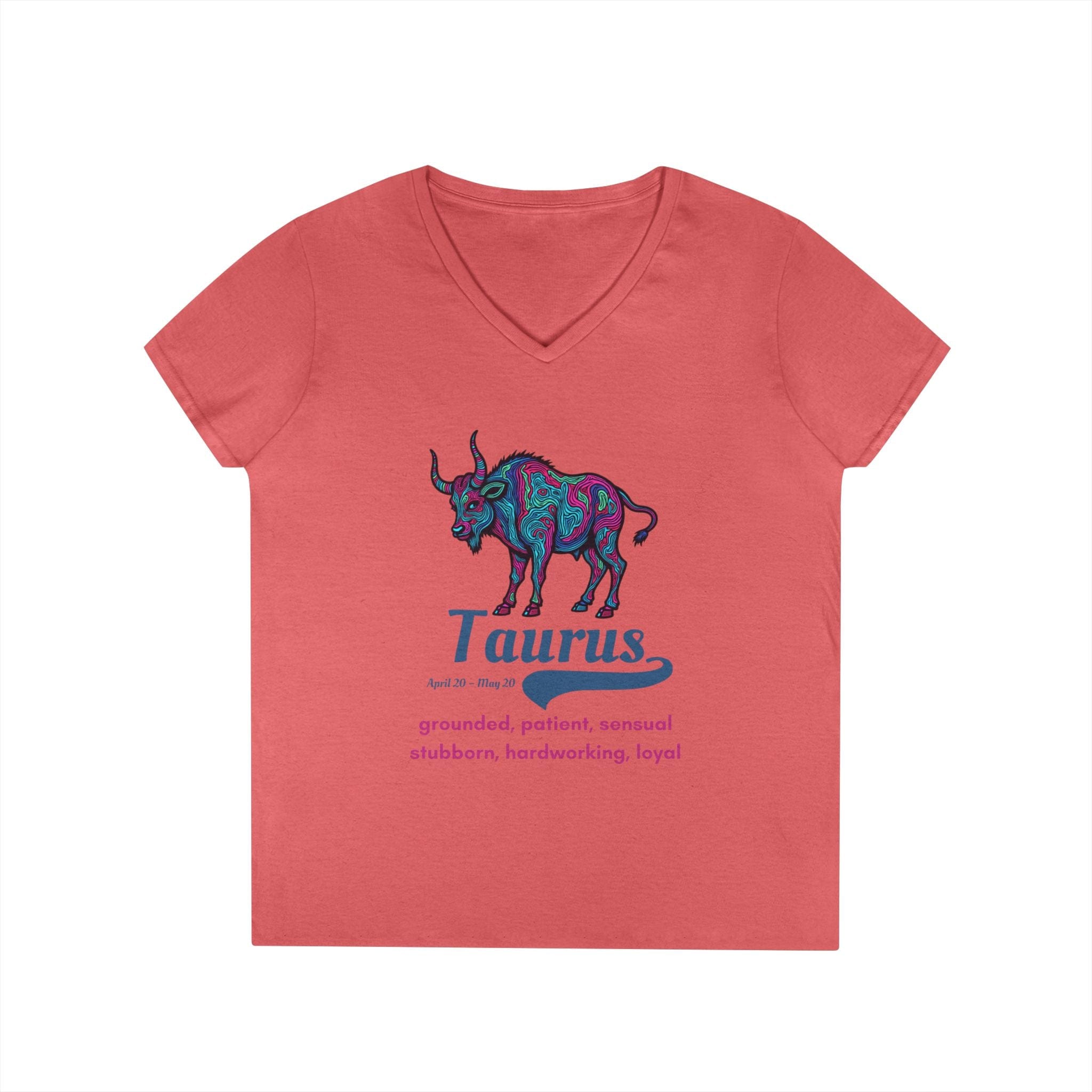 Printify V-neck S / Coral Silk Taurus Ladies' V-Neck T-Shirt Taurus Ladies' V-Neck T-Shirt 25173509757656386462