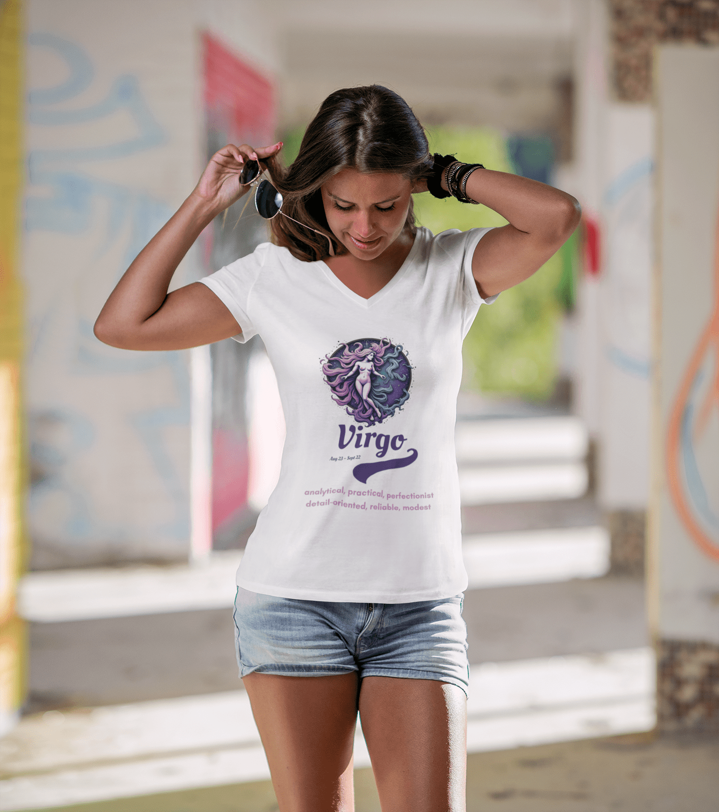 Printify V-neck Virgo Ladies' V-Neck T-Shirt Virgo Ladies' V-Neck T-Shirt